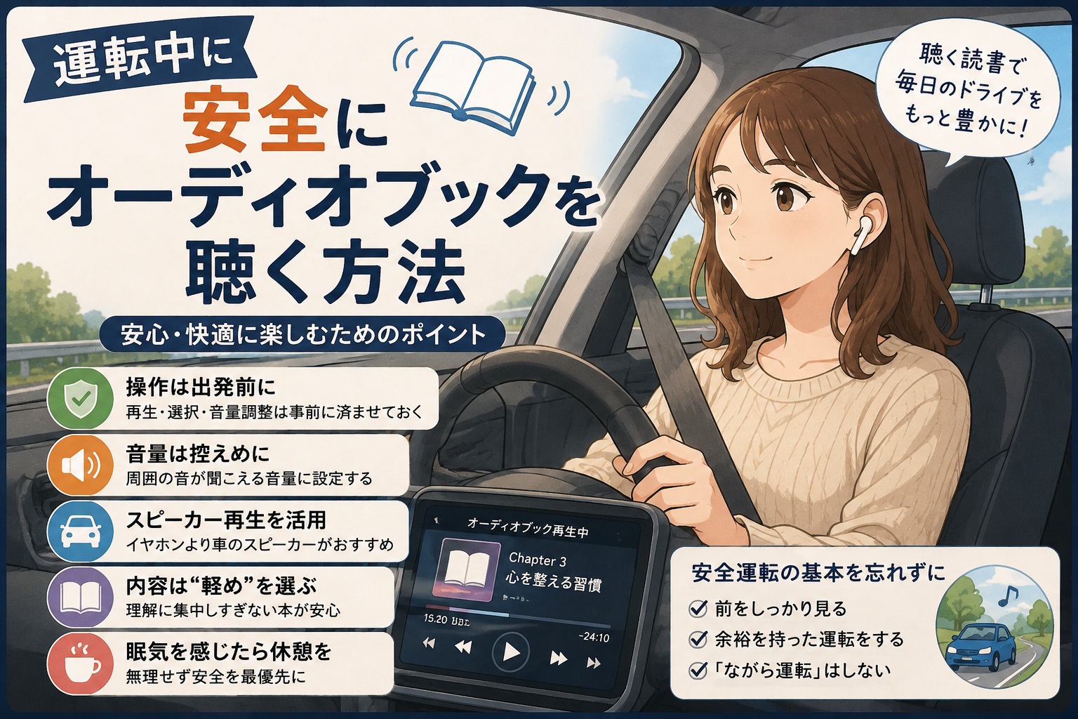 運転中に安全にオーディオブックを聴く方法